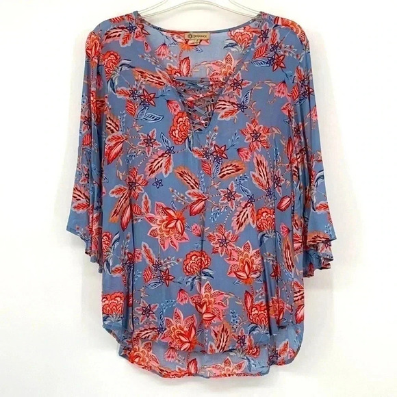 Democracy Blue Floral Hi Low Blouse Top Bell 3/4 Sleeves Small - Picture 1 of 9